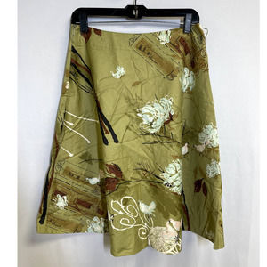ODILLE by ANTHRO Green Floral Birds A Line Full Skirt Lined Knee Length Size 8